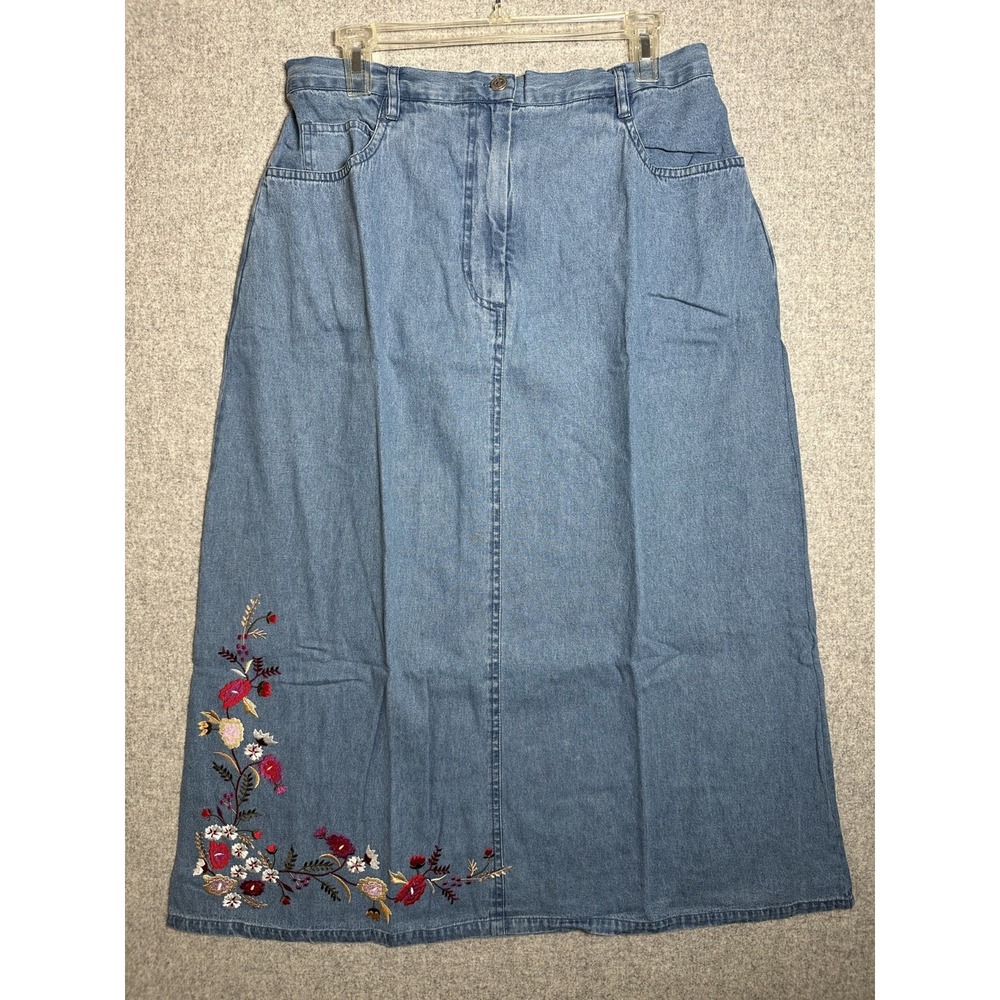 New 220 Hickory Blair Plus Large Womens Denim Skirt Embroidered Floral Blue Boho